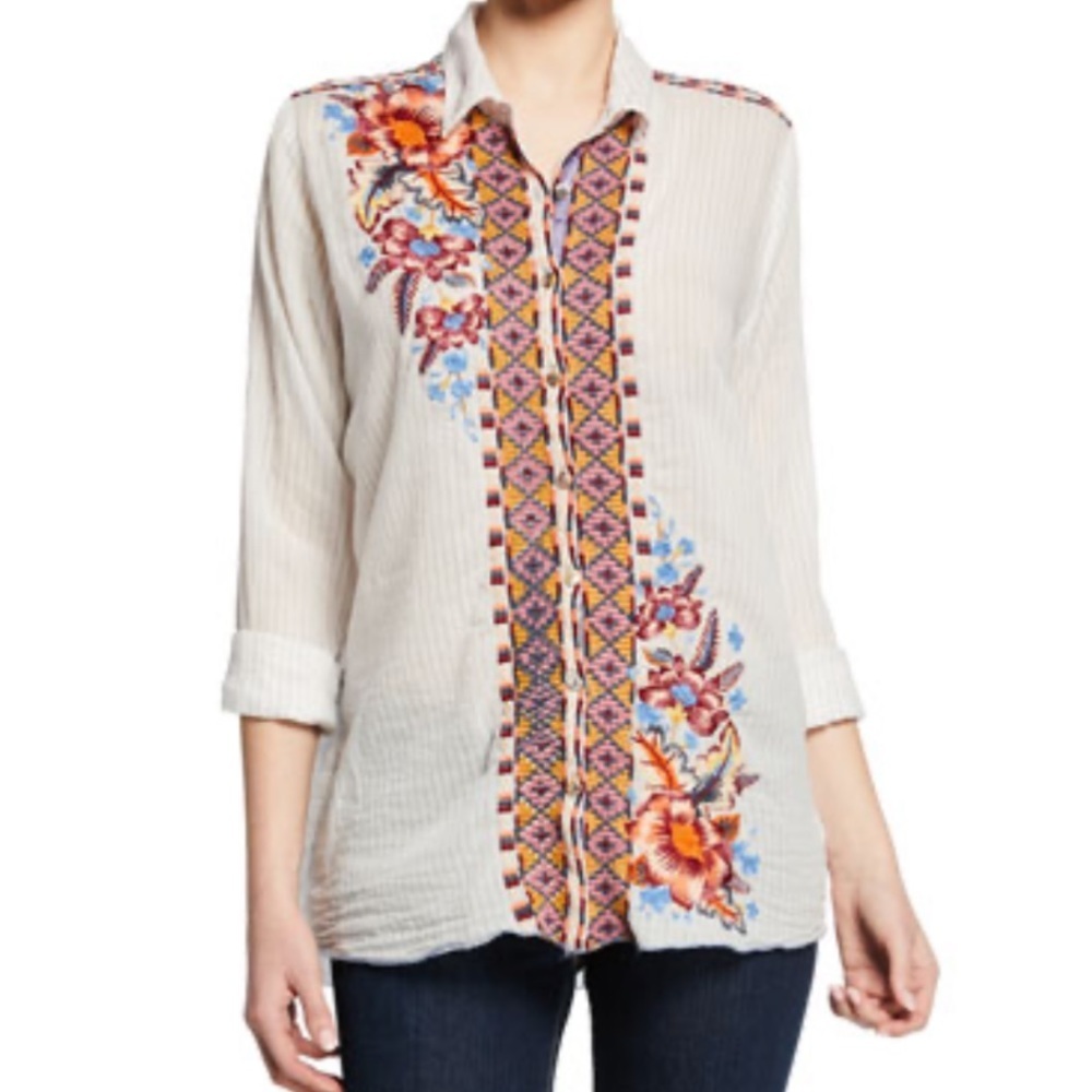 Johnny Was Caila Striped Blouse Floral Embroidery